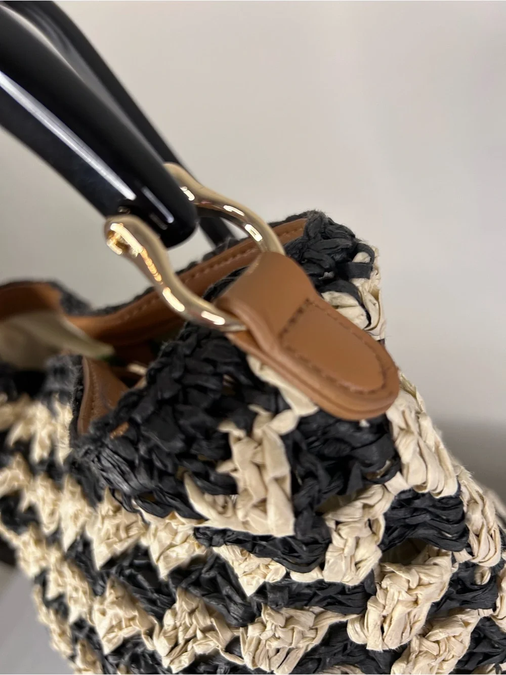 a new day Black and Cream Woven Raffia Satchel with Top Handle